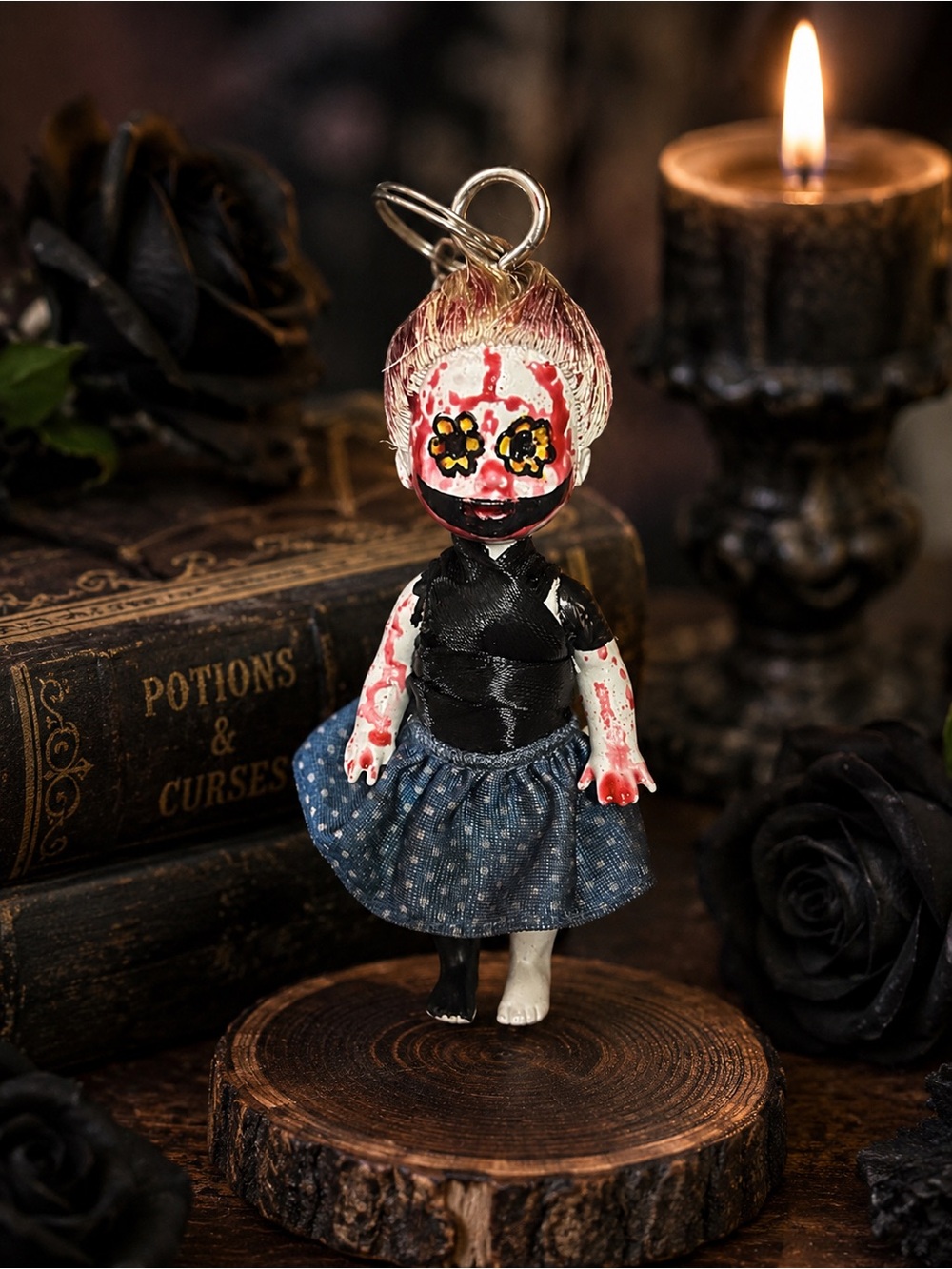 Hand Crafted Black and Blue Horror Doll Keychain